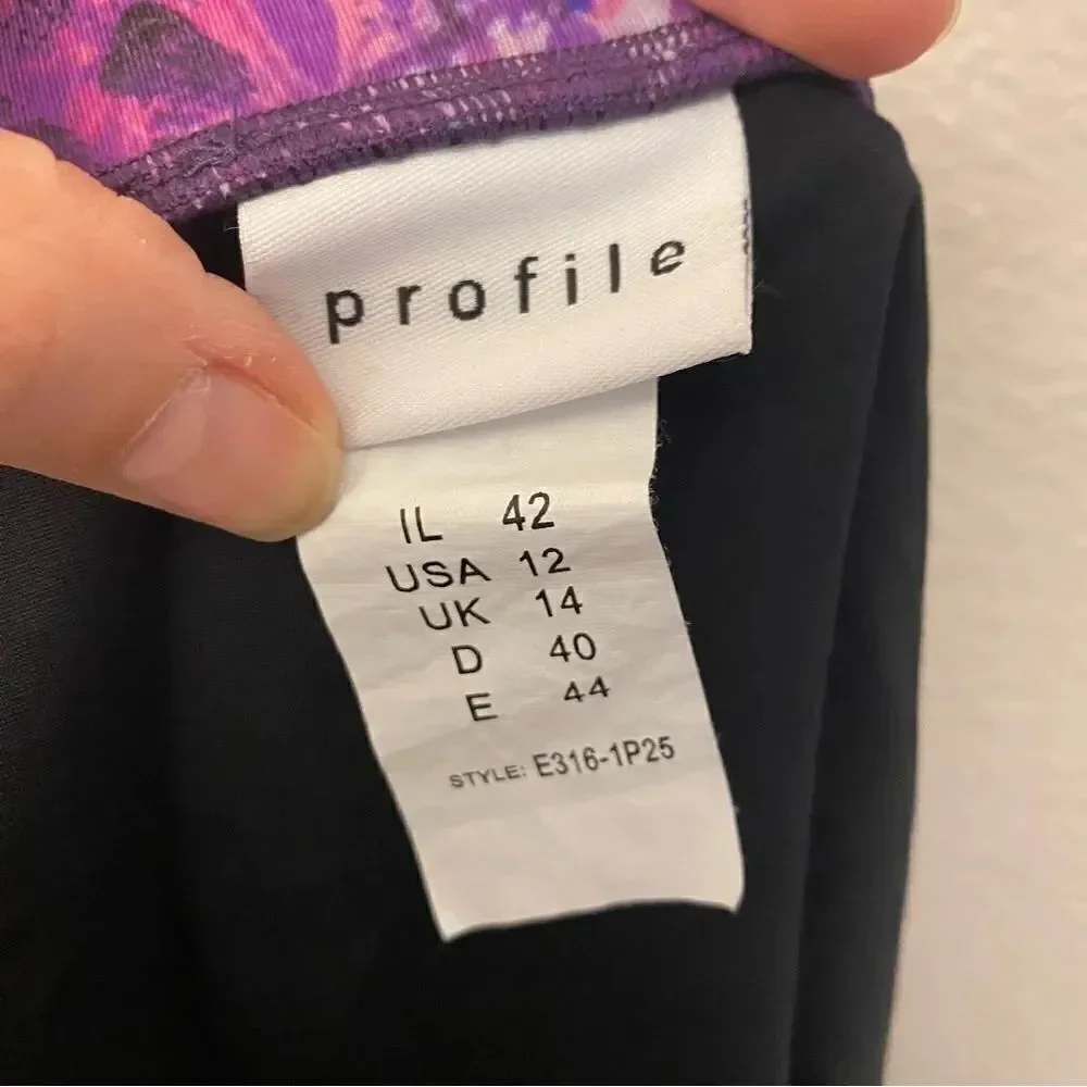 Profile by Gottex swimsuit skirt skort bottom Black Purple Print waist  12